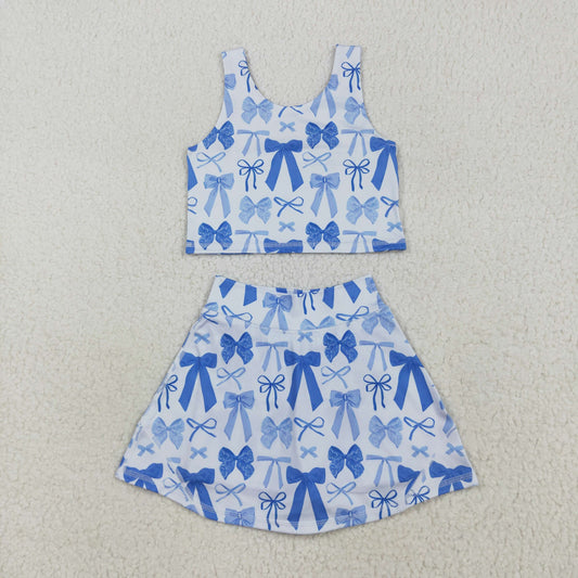 GSD2640 Baby Girls Sleeveless Blue Bows Plaid Vest Top Short Skirts Yoga Set  D 7.14