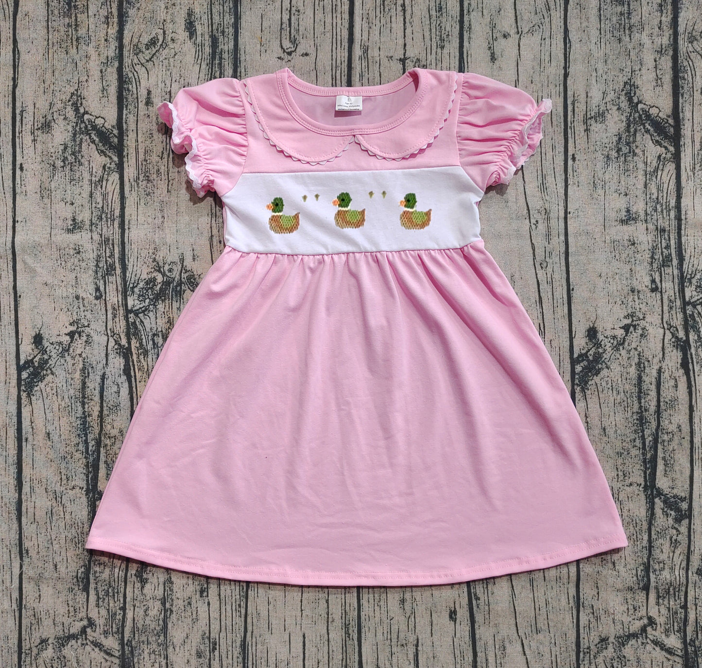 GSD2642 Embroidery Baby Girls Pink Short Ruffle Sleeves Ducks Knee Length Dresses  D 7.