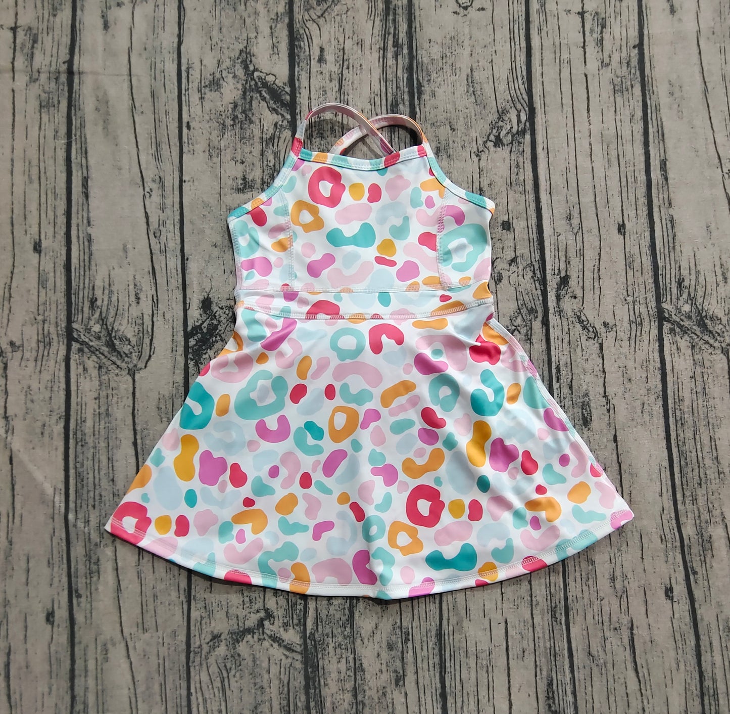presale GSD2645 Baby Girls Strap Pink Green Leopard Shorts Knee Length Dresses  D 7.8