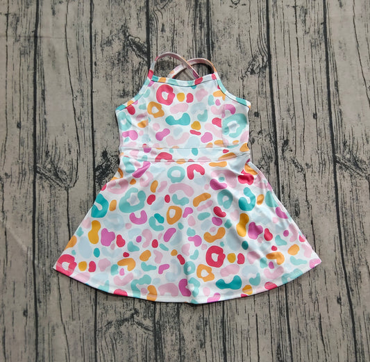 presale GSD2645 Baby Girls Strap Pink Green Leopard Shorts Knee Length Dresses  D 7.8