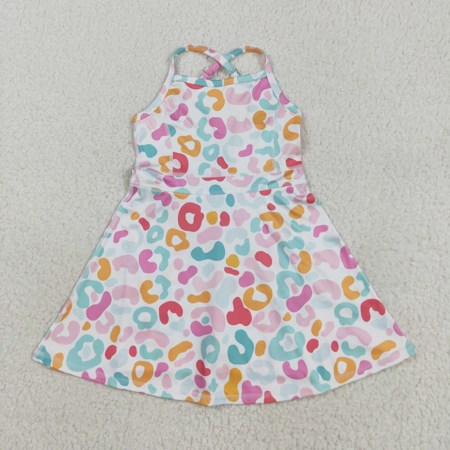 GSD2645 Baby Girls Strap Pink Green Leopard Shorts Knee Length Dresses  D 8.4