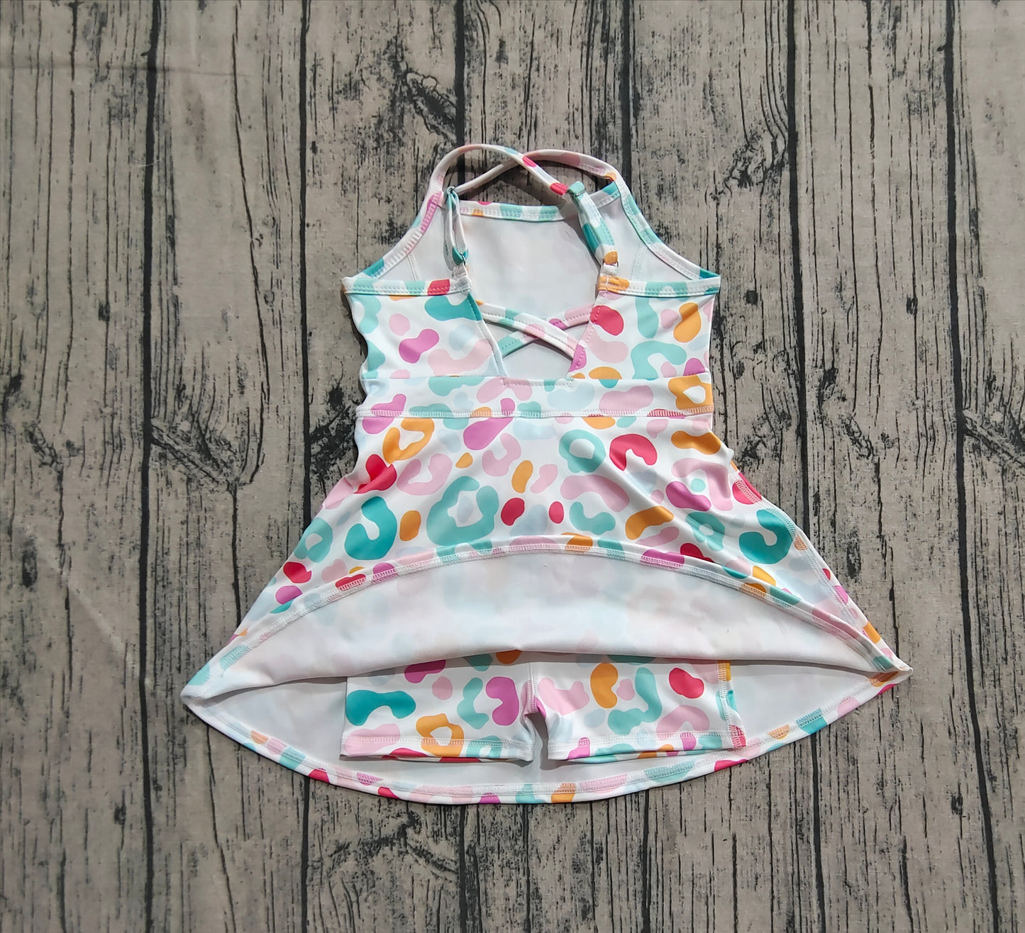 presale GSD2645 Baby Girls Strap Pink Green Leopard Shorts Knee Length Dresses  D 7.8