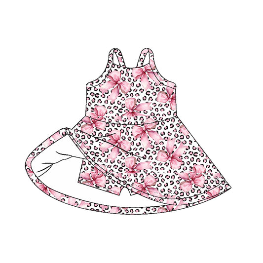presale GSD2648 Baby Girls Strap Pink Bows Leopard Shorts Knee Length Dresses D 5.30