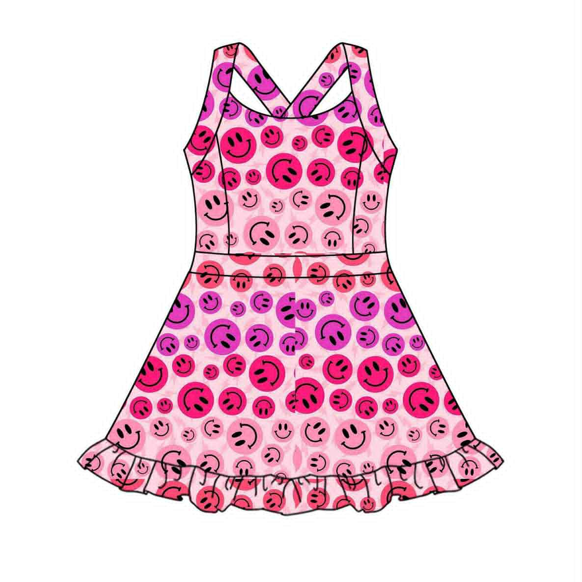 presale GSD2656 Baby Girls Hot Pink Strap Smiles Plaid Yoga Ruffle Knee Length Dresses  D 6.2