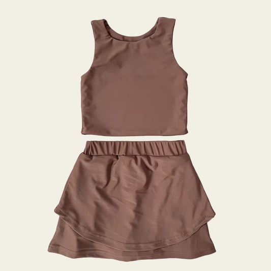presale GSD2666 Baby Girls Sleeveless Dark Brown Vest Top Short Skirts Yoga Set D 6.2