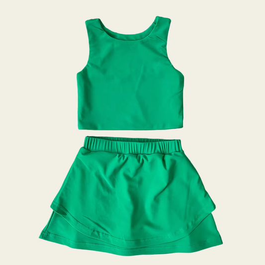 presale GSD2670 Baby Girls Sleeveless Dark Green Vest Top Short Skirts Yoga Set D 6.2
