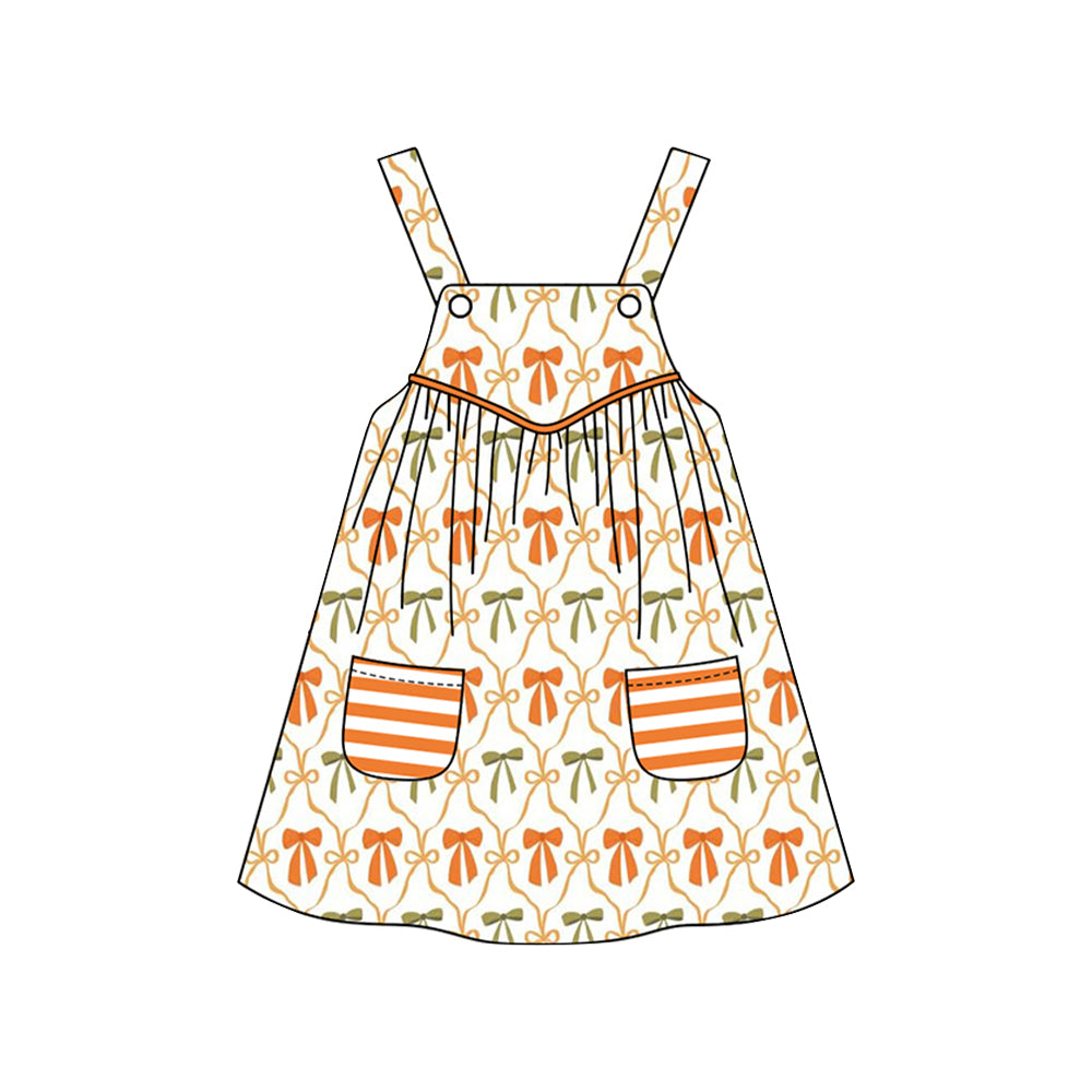 GSD2676  Baby Girls Straps Orange Bows Plaid Stripe Pockets Knee Length Dresses  D 6.2