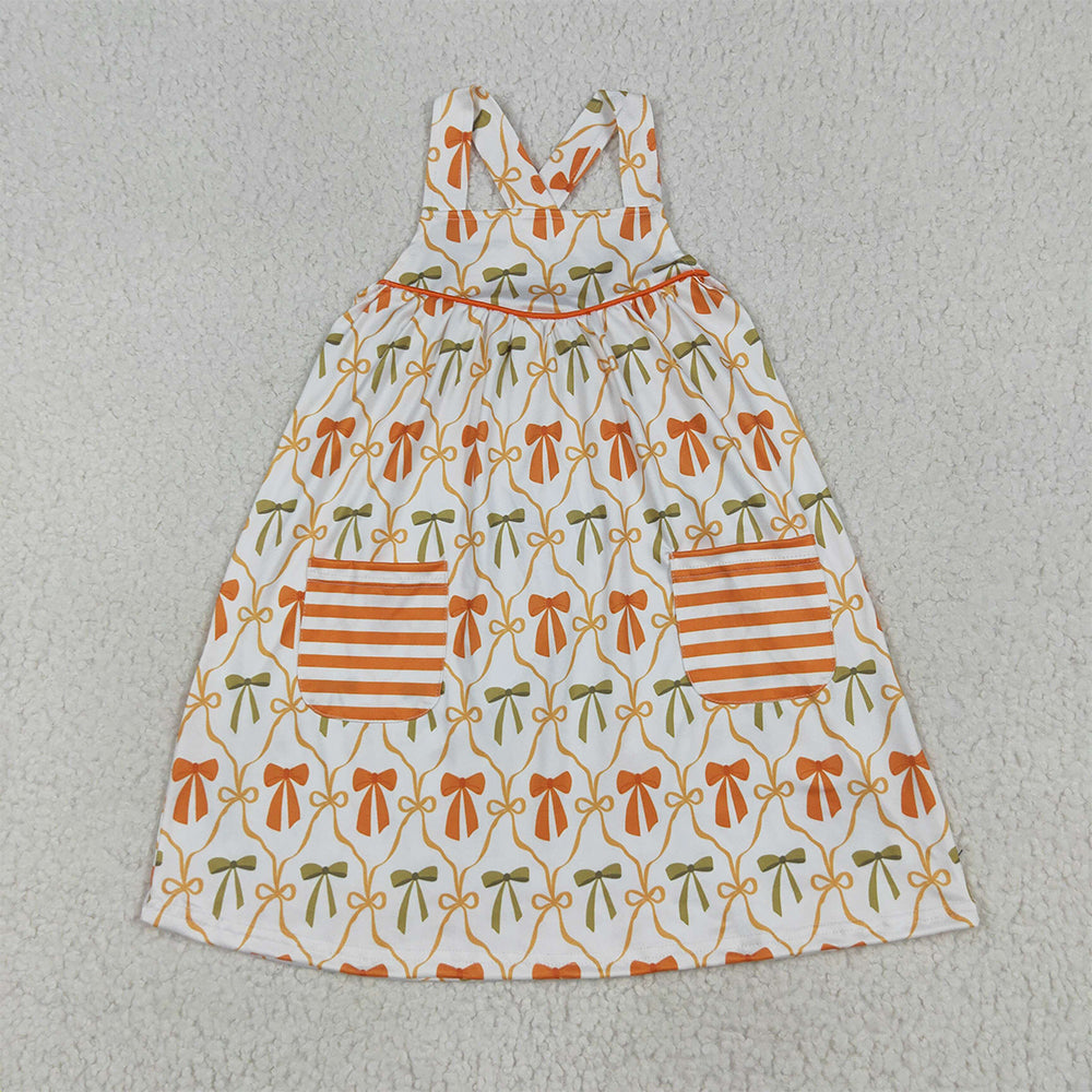 GSD2676  Baby Girls Straps Orange Bows Plaid Stripe Pockets Knee Length Dresses  D 6.2