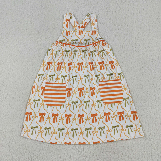 GSD2676 Baby Girls Straps Orange Bows Plaid Stripe Pockets Knee Length Dresses D 6.2