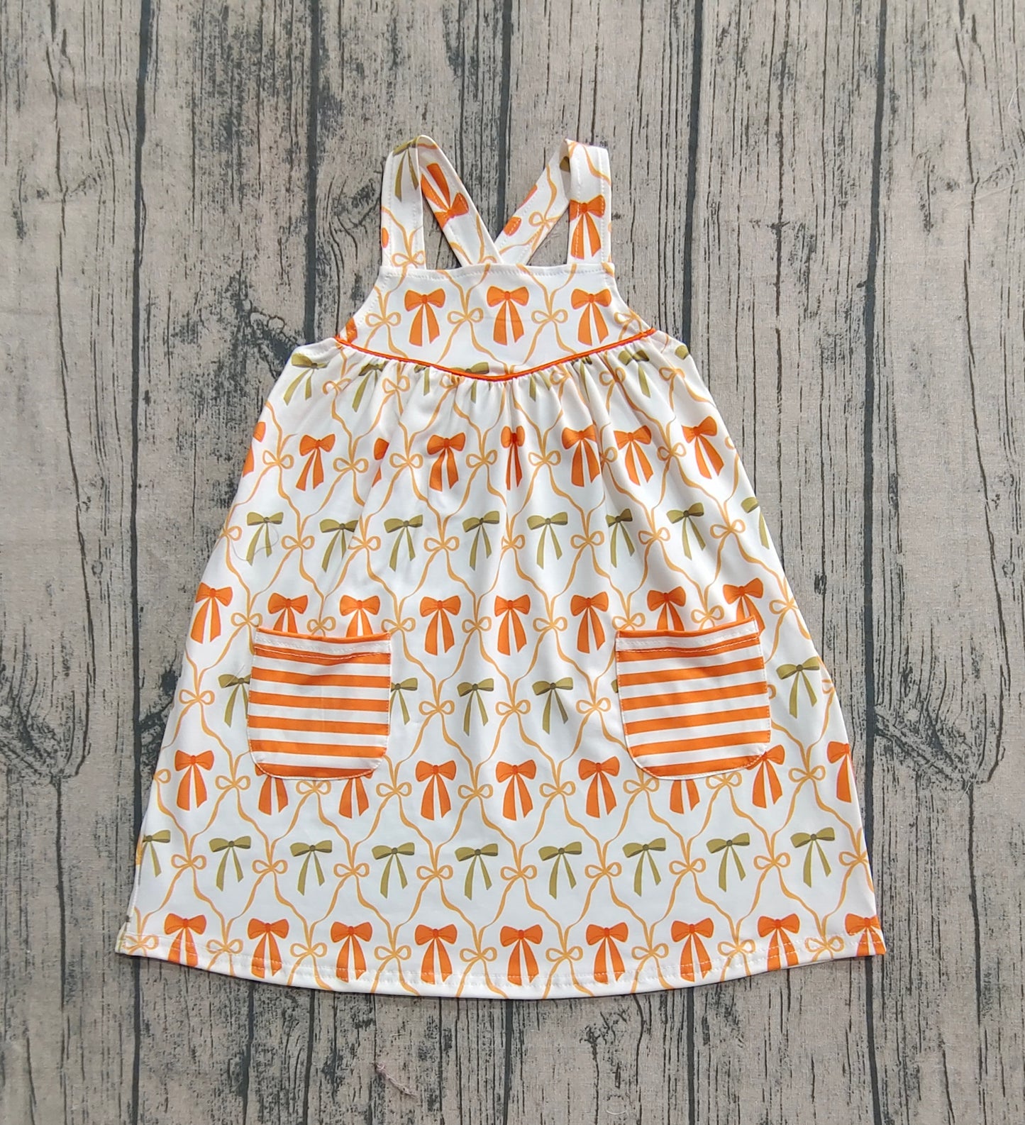 GSD2676  Baby Girls Straps Orange Bows Plaid Stripe Pockets Knee Length Dresses  D 6.2