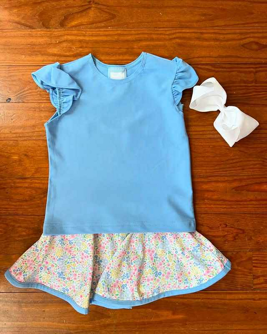 presale GSD2677  Baby Girls Blue Flutter Sleeves Shirt Top Colorful Floral Skirts Set  D 6.3