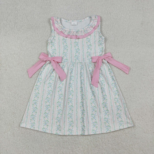 GSD2678 Baby Girls Sleeveless Pink Floral Stripe Bows Knee Length Dresses  D 8.11