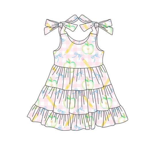 presale GSD2679 Baby Girls Bows Strap Apple Bows Pencil Plaid Ruffle Knee Length Dresses  D 6.3