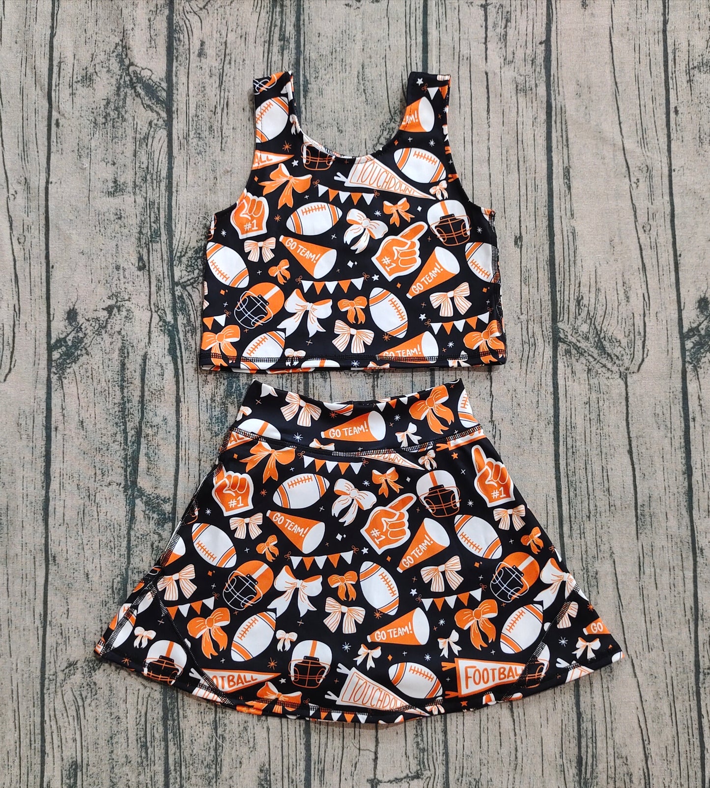 GSD2687 Baby Girls Team Orange Football Bows Vest Top Short Skirts Yoga Set  D 6.9