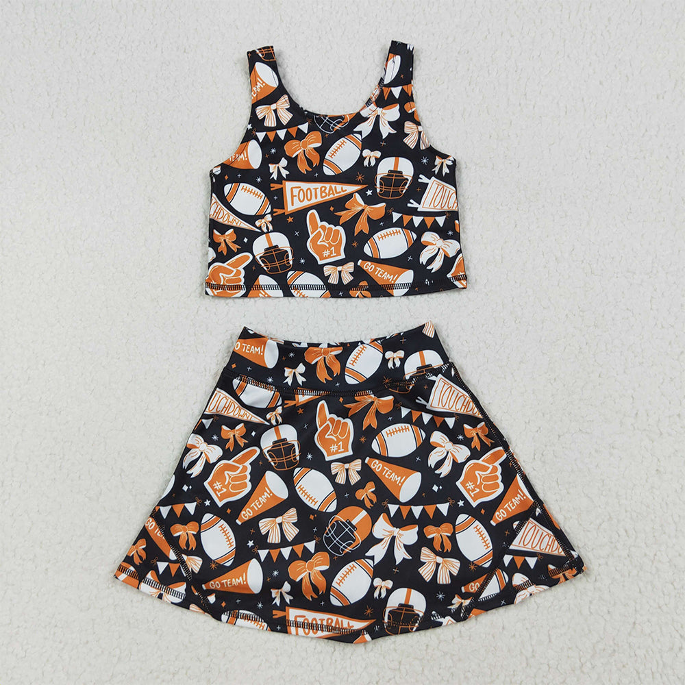 GSD2687 Baby Girls Team Orange Football Bows Vest Top Short Skirts Yoga Set  D 6.9