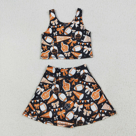GSD2687 Baby Girls Team Orange Football Bows Vest Top Short Skirts Yoga Set  D 6.9