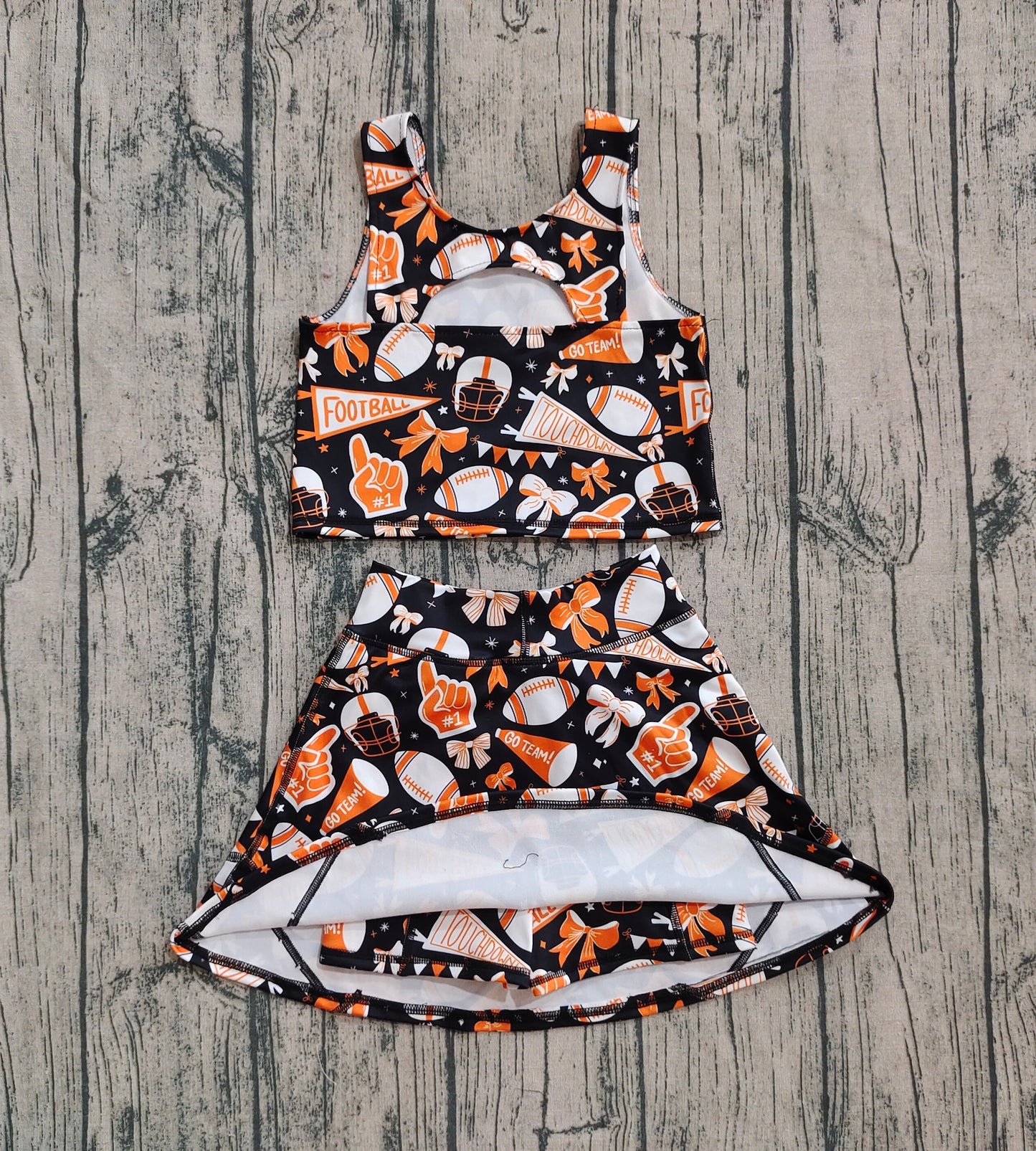 GSD2687 Baby Girls Team Orange Football Bows Vest Top Short Skirts Yoga Set  D 6.9