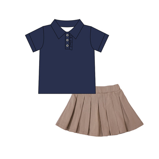 presale GSD2696 Baby Girls Cotton Navy Short Sleeves Button Top Khaki Skirts Set D 6.9
