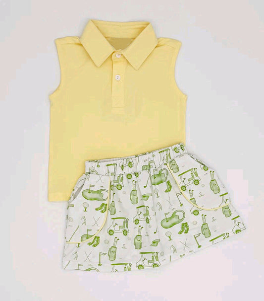 presale GSD2698 Baby Girls Yellow Sleeveless Button Vest Top Golf Pockets Skirt Set D 6.10