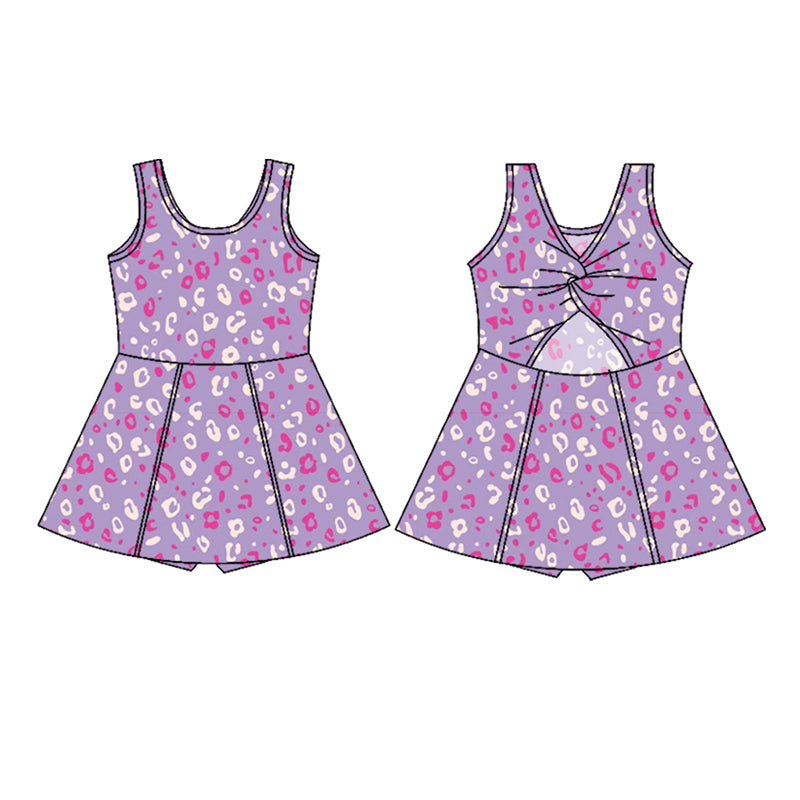 presale GSD2700  Baby Girls Sleeveless Purple Leopard Yoga Short Knee Length Dresses D 6.11