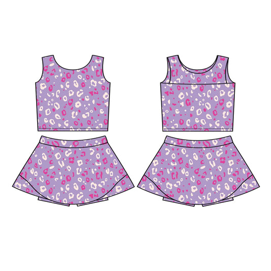 presale GSD2702 Baby Girls Sleeveless Purple Leopard Vest Top Skorts Yoga Active Set D 6.11