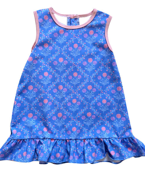 presale GSD2706 Baby Girls Sleeveless Hot Blue Floral Plaid Ruffle Knee Length Dresses  D 6.12