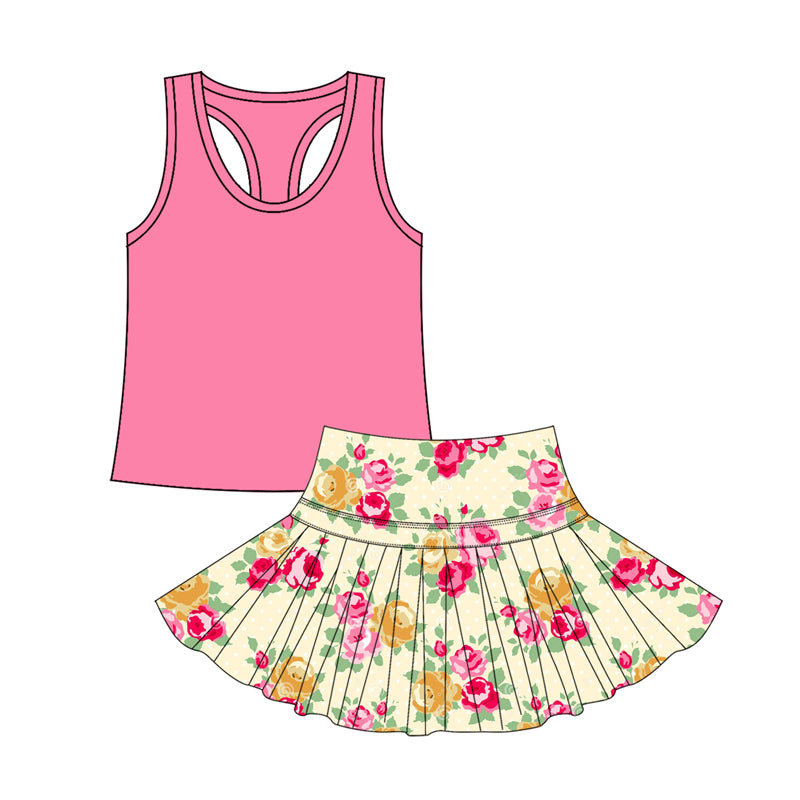presale GSD2709 Solid pink vest flower beige pleated skirt yoga set D 6.16