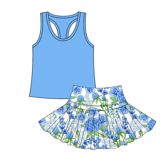 presale GSD2710 Solid Blue Vest Flower Pleated Skirt Yoga Set D 6.16