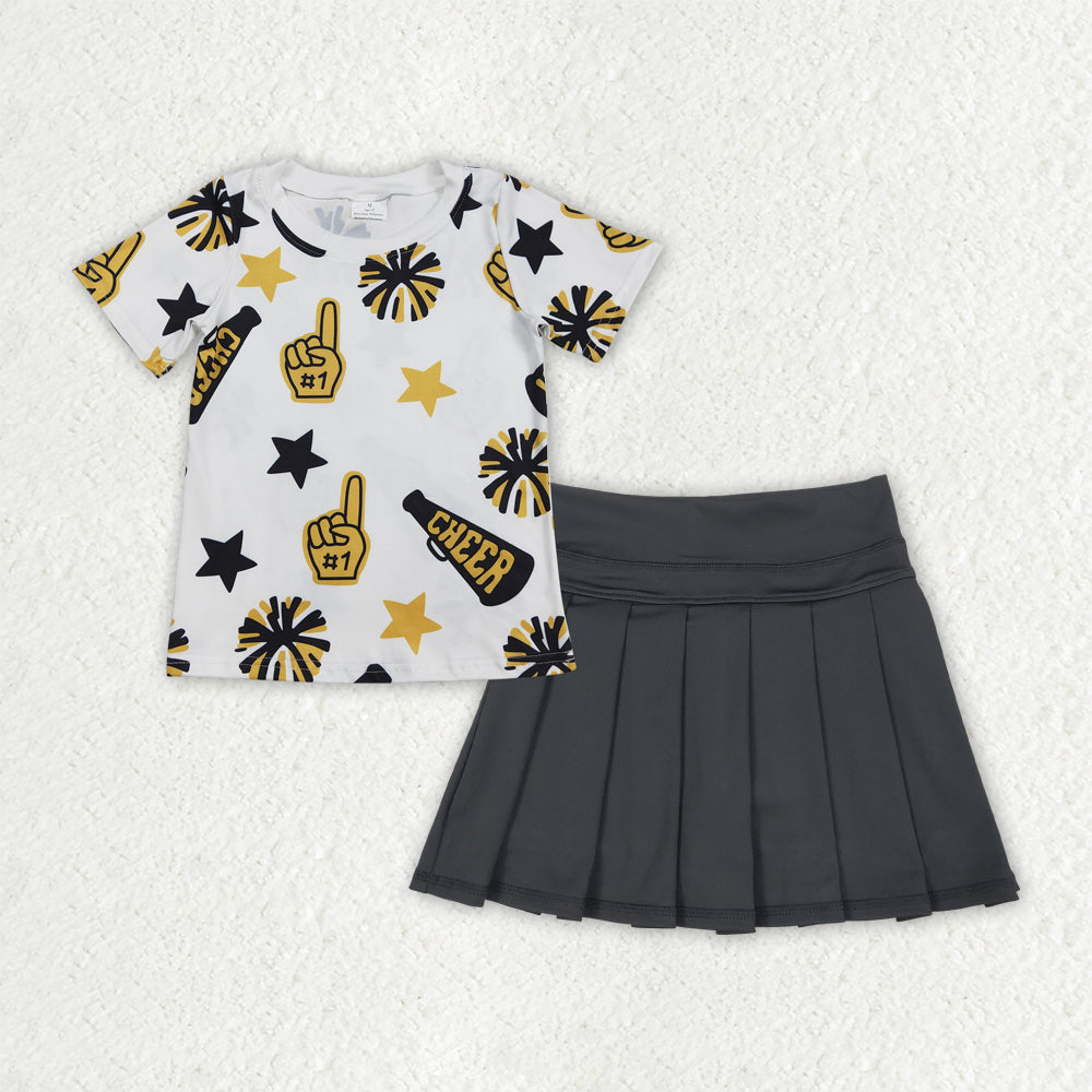 GSD2714 Baby Girls Gold Cheer Top Black Yoga Skirt Set