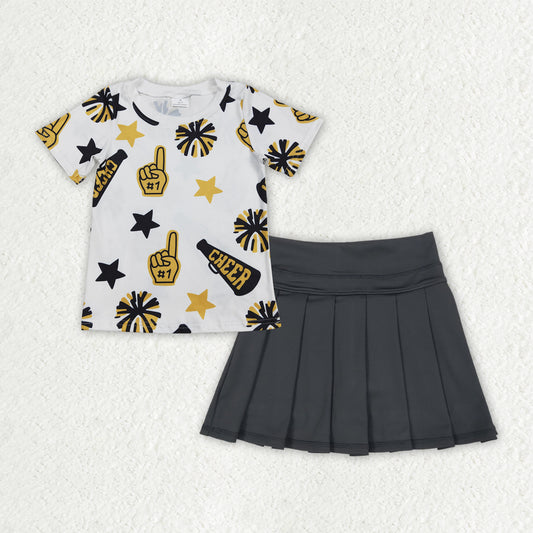 GSD2714 Baby Girls Gold Cheer Top Black Yoga Skirt Set