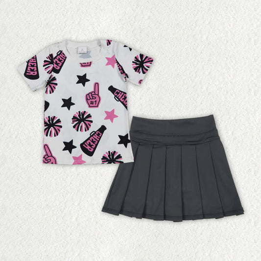GSD2715 Baby Girl Pink Cheer Top Black Yoga Skirt Sets