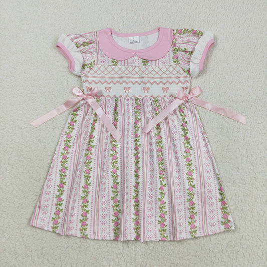 GSD2717 Smocked Embroidery Baby Girls Pink Short Ruffle Sleeves Flowers Bows Stripe Knee Length Dresses  D 7.4