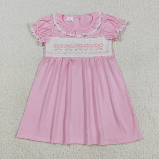 GSD2718 Smocked Embroidery Baby Girls Ruffle Sleeves Bows Knee Length Dresses  D 8.9