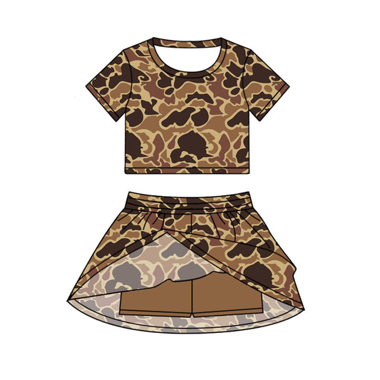 presale GSD2725 Baby Girls Short Sleeves Brown Camo Top Skorts Set Set D 6.21
