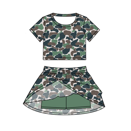 presale GSD2726 Baby Girls Short Sleeves Green Camo Top Skorts Set Set D 6.21