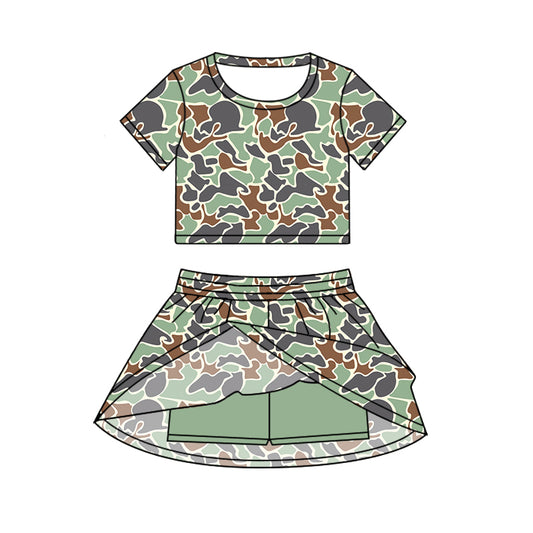 presale GSD2727 Baby Girls Short Sleeves Light Green Camo Top Skorts Set Set D 6.21