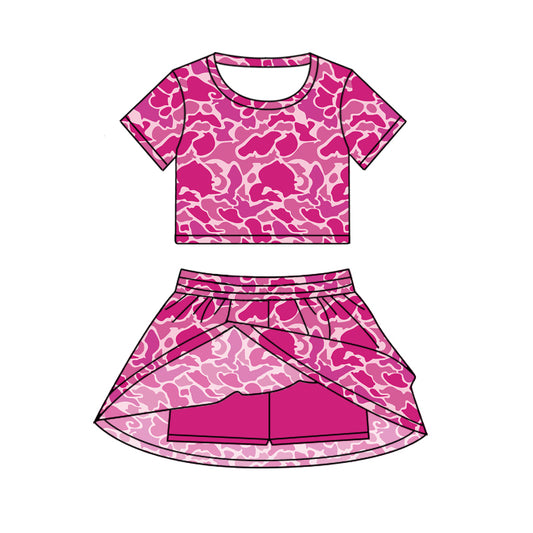 presale GSD2730  Baby Girls Short Sleeves Hot Pink Camo Top Skorts Set Set D 6.21