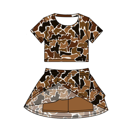 presale GSD2731 Baby Girls Short Sleeves Dark Brown Camo Top Skorts Set Set D 6.21
