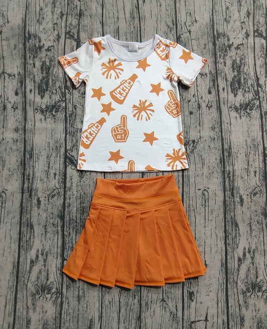 presale GSD2732 Baby Girls Short Sleeves Orange Cheer Team Top Yoga Skorts Set D 6.21