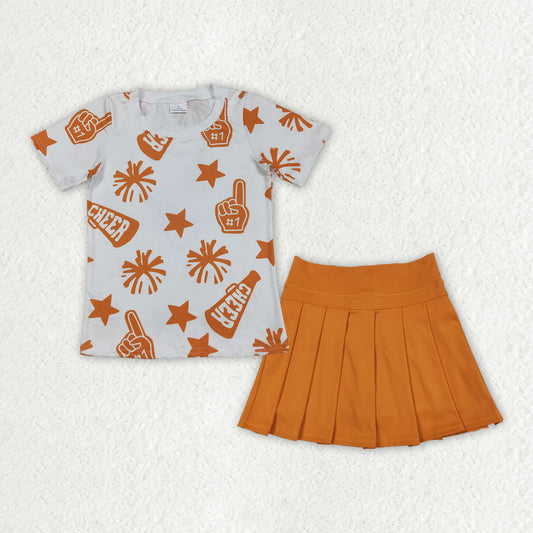 GSD2732 Baby Girls Short Sleeves Orange Cheer Team Top Yoga Skorts Sets D 7.19