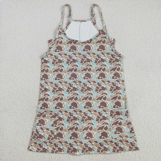 GSD2734  Adult Women Western Khaki Camo Strap Pockets Yoga Activity Shorts Dresses   D 8.11