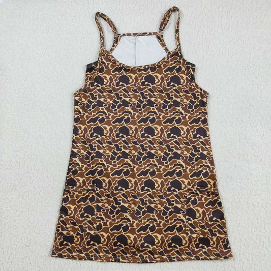 GSD2735 Adult Women Strap Brown Camo Pockets Yoga Active Shorts Dresses   D 814 01
