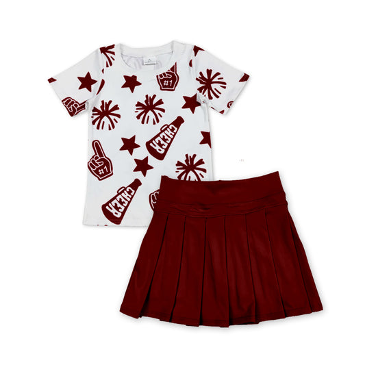 presale GSD2736 Baby Girls Shirt Sleeves Dark Red Team Cheer Stars Top Yoga Skorts Set D 6.25