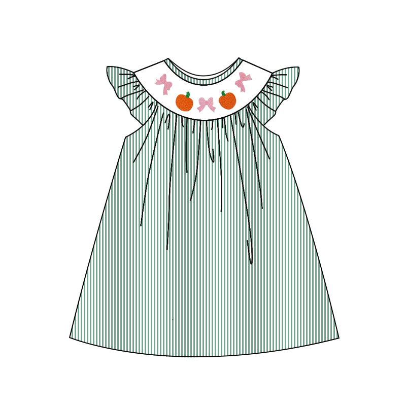 GSD2746  Embroidery Baby Girls Green Stripe Bows Pumpkins Fall Knee Length Dresses D 7.3