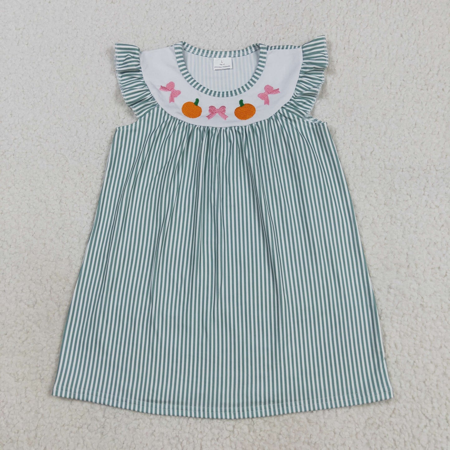 GSD2746  Embroidery Baby Girls Green Stripe Bows Pumpkins Fall Knee Length Dresses D 7.3