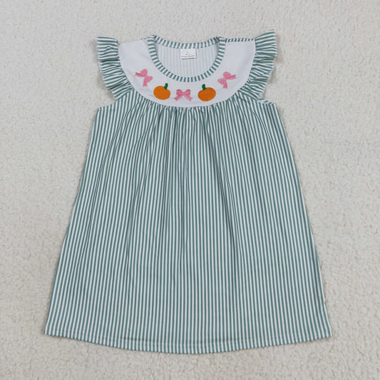 GSD2746  Embroidery Baby Girls Green Stripe Bows Pumpkins Fall Knee Length Dresses D 7.3