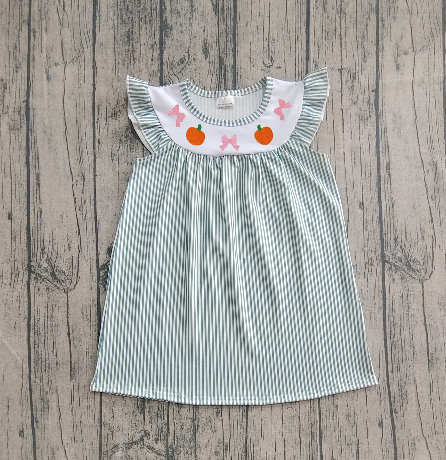 GSD2746  Embroidery Baby Girls Green Stripe Bows Pumpkins Fall Knee Length Dresses D 7.3