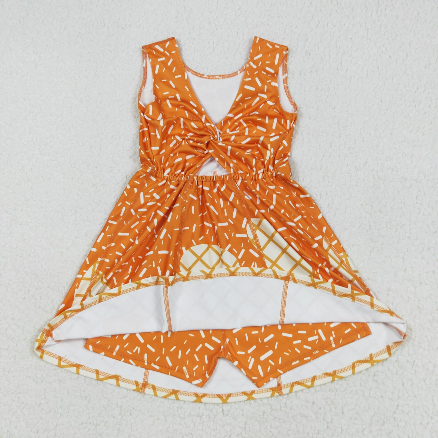 GSD2750 Baby Girls Orange Drip Sleeveless Shorts Team Yoga Active Knee Length Dresses