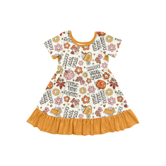 presale GSD2756 Baby Girls Short Sleeves Happy Fall Pumpkins Ruffle Knee Length Dress D 7.5
