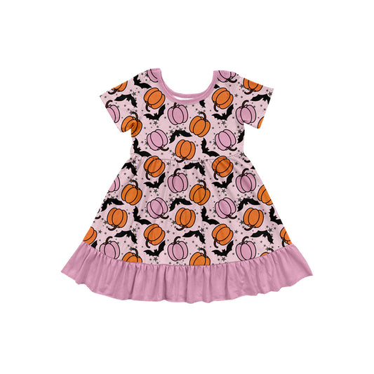 presale GSD2757  Baby Girls Short Sleeves Pumpkins Bats Ruffle Knee Length Dresses D 7.8